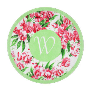 Antike Süße-Erbsen-Blumen mit Rand und Monogramm Schneidebrett