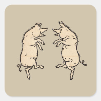 Antike tanzende Schweine: Whimsical Vintage Piggy Quadratischer Aufkleber