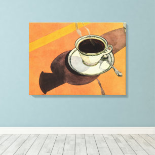 Antike Tasse Kaffee, Untertasse, Löffel, Retro-Din Leinwanddruck