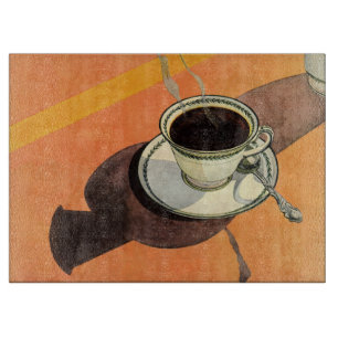 Antike Tasse Kaffee, Untertasse, Löffel, Retro-Din Schneidebrett