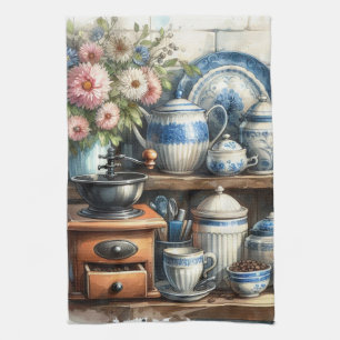 Antike Tasse Topf Teller Blau  Geschirrtuch