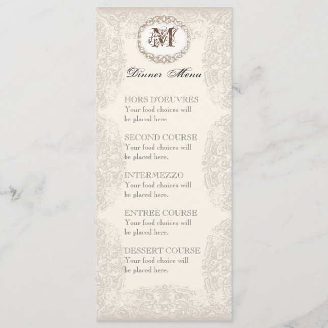 Antike Taupe-Spitze - Speisekarte oder Hochzeitsei Menükarte (Vorderseite)