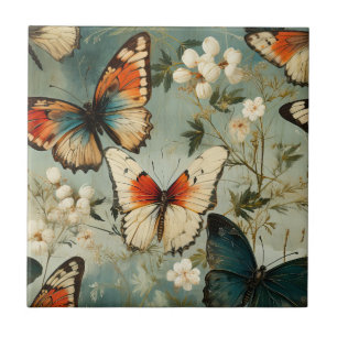 Antike Teal Orange Schmetterling Weiße Blüte Fliese