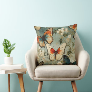 Antike Teal Orange Schmetterling Weiße Blüte Kissen