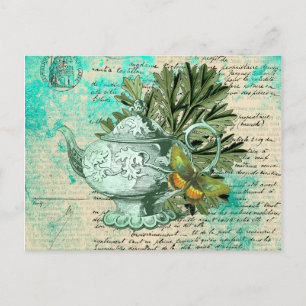 Antike Teekanne & Ephemera Collage Postkarte