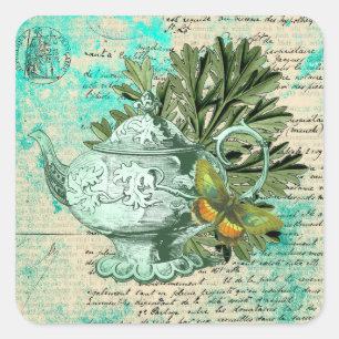 Antike Teekanne & Ephemera Collage Quadratischer Aufkleber