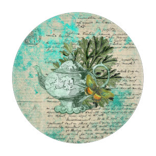 Antike Teekanne & Ephemera Collage Schneidebrett