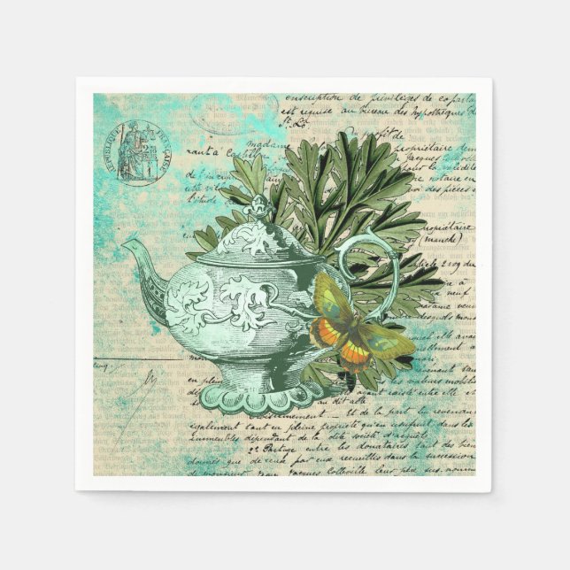 Antike Teekanne & Ephemera Collage Serviette (Vorderseite)