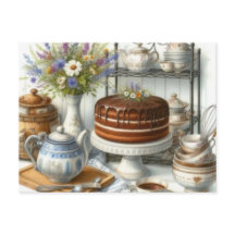 Antike Teekanne und Kuchen Teezeit Postkarte