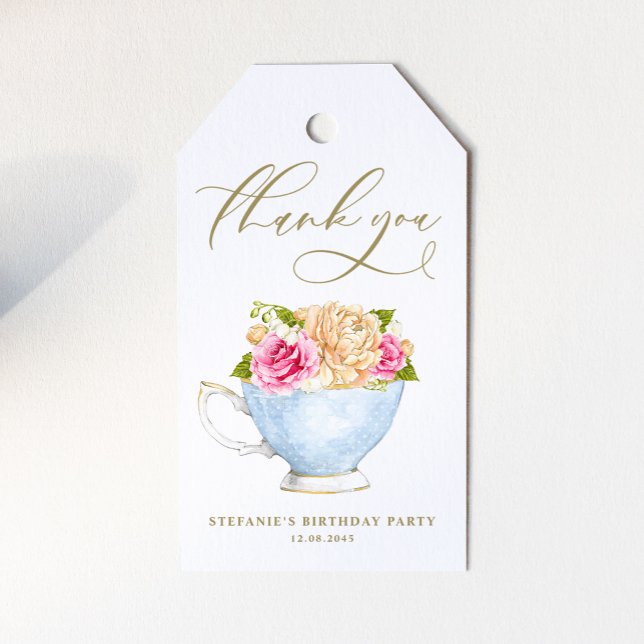 Antike Teetasse Blumenstrauß-Teeparty-Geburtstag Geschenkanhänger (Elegant birthday party gift tags featuring watercolor teacup, rose blooms, and lily of the valley. )