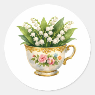 Antike Teetasse mit Maiglöckchenblumen Runder Aufkleber