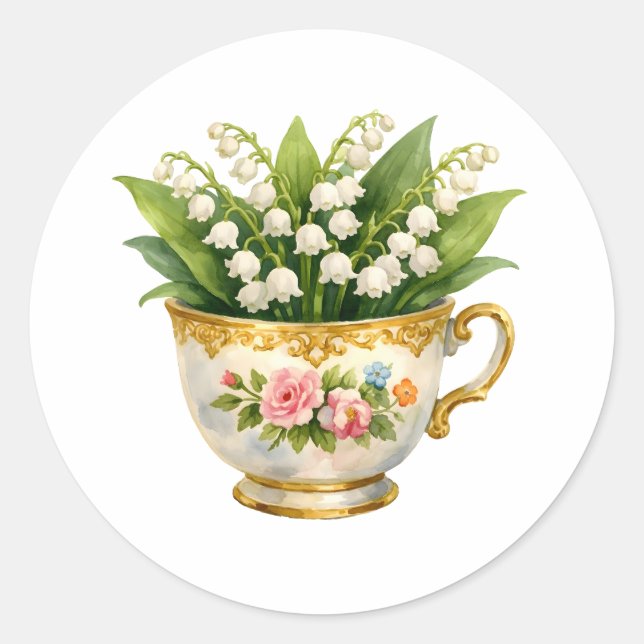 Antike Teetasse mit Maiglöckchenblumen  Runder Aufkleber (Vorderseite)