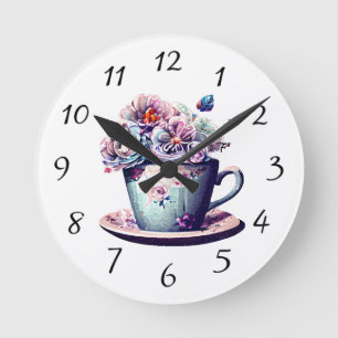 Antike Teetasse mit Vintage-Blumen Runde Wanduhr