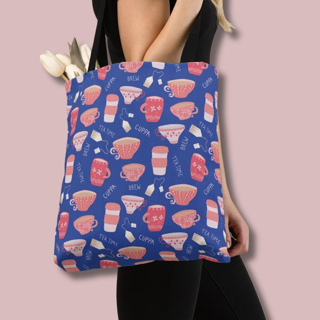 Antike Teetasse Pfirsich- und Blaumuster (Vintage teacup pattern tote bag)