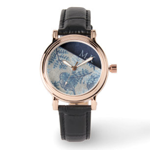 Antike Textilien Blaues Blatt und Spitzenmonogramm Armbanduhr