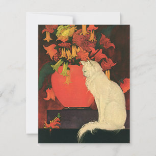 Antike Tiere, elegante weiße Katze, Herbstblumen