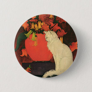 Antike Tiere, elegante weiße Katze, Herbstblumen Button