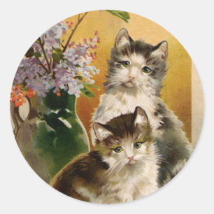 Antike Tiere, süße viktorianische Katzen und Blume Runder Aufkleber