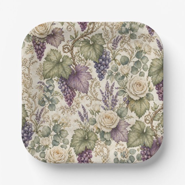 Antike Trauben, Lavendel & Weiße Rosen Pappteller (Vorderseite)