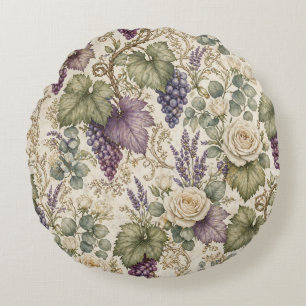 Antike Trauben, Lavendel & Weiße Rosen Rundes Kissen