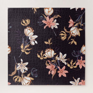 Antike Tulpen, dunkler violetter Hintergrund Puzzle