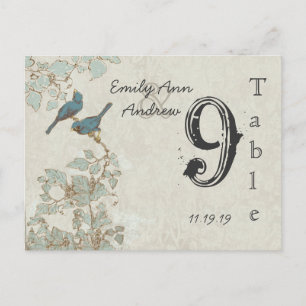 Antike Türkisblaue Vögel Damast Hochzeit Tischnumm Postkarte