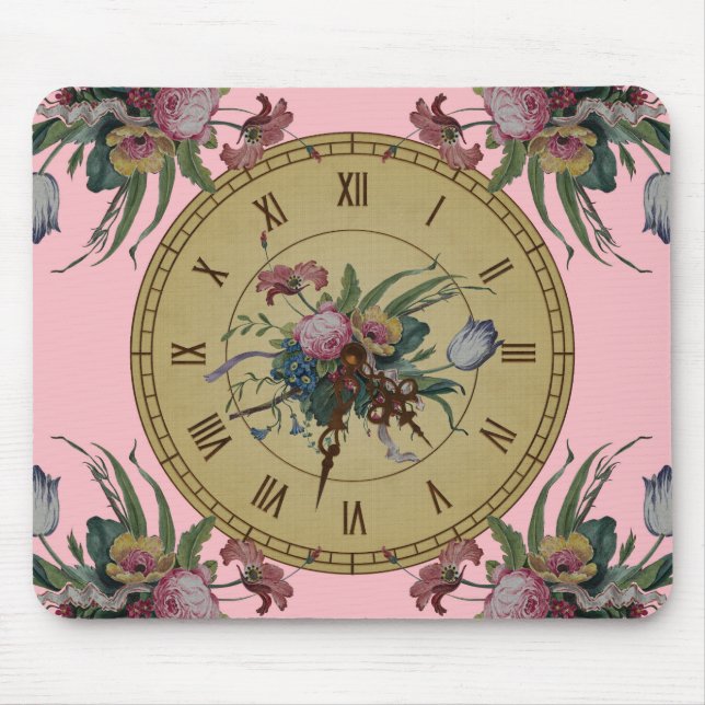 Antike Uhr mit Blumen Mousepad (Vorne)