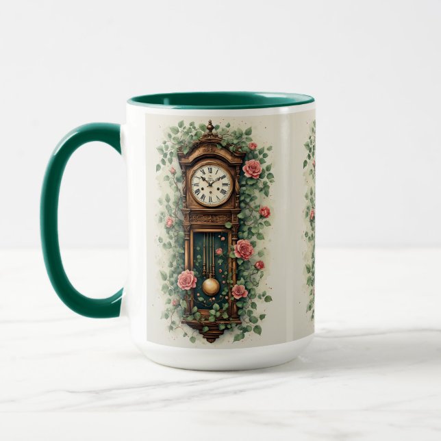 Antike Uhr umgeben von Rosen und Weinreben Tasse (Links)