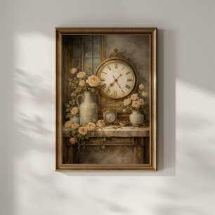 Antike Uhr und Rosen Poster