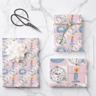 Antike Uhr und Schwan Whimsical Pastellgitter Geschenkpapier Set