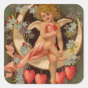 Antike Valentinskarten Cherub auf Mond Quadratischer Aufkleber