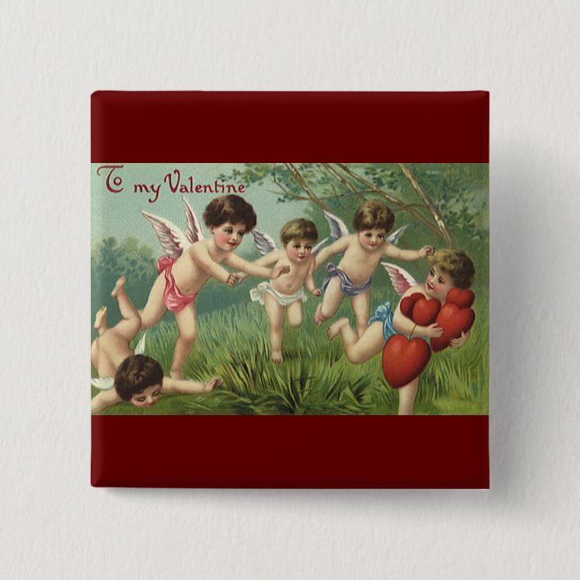Antike Valentinstag-Cherubim mit Liebesherzen Button (Vorderseite)