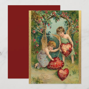 Antike Valentinstag Cherubs Herz Gold Feiertagskarte