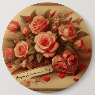 Antike Valentinstag-Schokoladen und Blumen Button