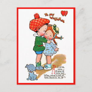 Antike Valentinstag Süße Mädchen & Jungen mit Hund Postkarte