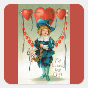 Antike Valentinstag, viktorianischer Junge mit Her Quadratischer Aufkleber