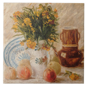 Antike Vase mit Blumen Kaffeekanne und Obst Fliese