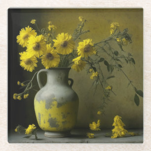 Antike Vase mit gelben Blumen Glasuntersetzer