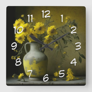 Antike Vase mit gelben Blumen Quadratische Wanduhr