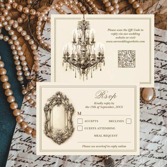 Antike vergoldete Ära-Elfenbein zeitloser QR-Code- RSVP Karte (Von Creator hochgeladen)