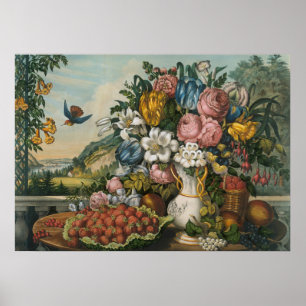 Antike viktorianische Blumen- und Früchtestilllebe Poster