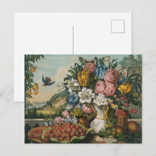 Antike viktorianische Blumen- und Früchtestilllebe Postkarte