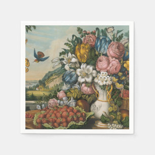 Antike viktorianische Blumen- und Früchtestilllebe Serviette