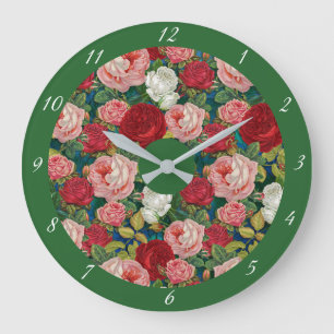 Antike viktorianische Blumenrosen Rot Pink Grün Große Wanduhr