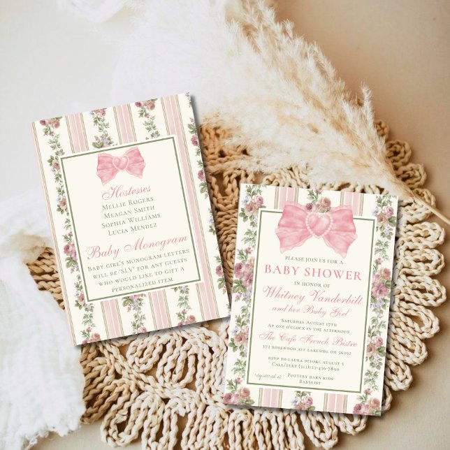 Antike Viktorianische Coquette Bow Floral Baby Dus Einladung (Von Creator hochgeladen)