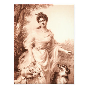 Antike viktorianische Frau mit Border Collie Hund Fotodruck