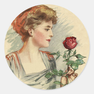 Antike viktorianische Frau rote Rose Blumen floral Runder Aufkleber