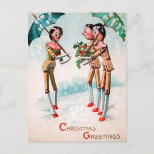 Antike viktorianische Holzpuppen-Weihnachtspostkar Postkarte