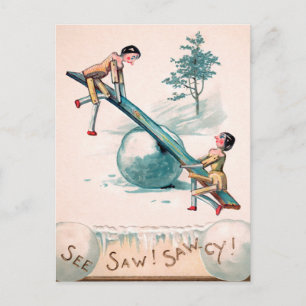 Antike viktorianische Holzpuppen Wippe Weihnachten Postkarte