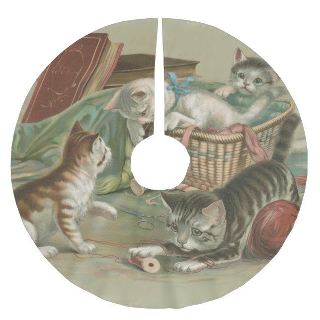 Antike viktorianische Kätzchen spielen im Nähkorb Polyester Weihnachtsbaumdecke (Vorderseite)